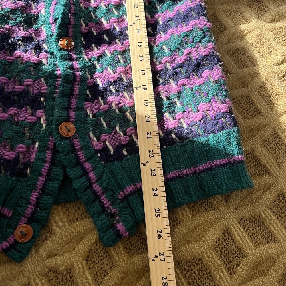 Vintage Hand Made Women's Chunky Knit Cardigan Purple Green Houndstooth Pattern - Picture 5 of 5